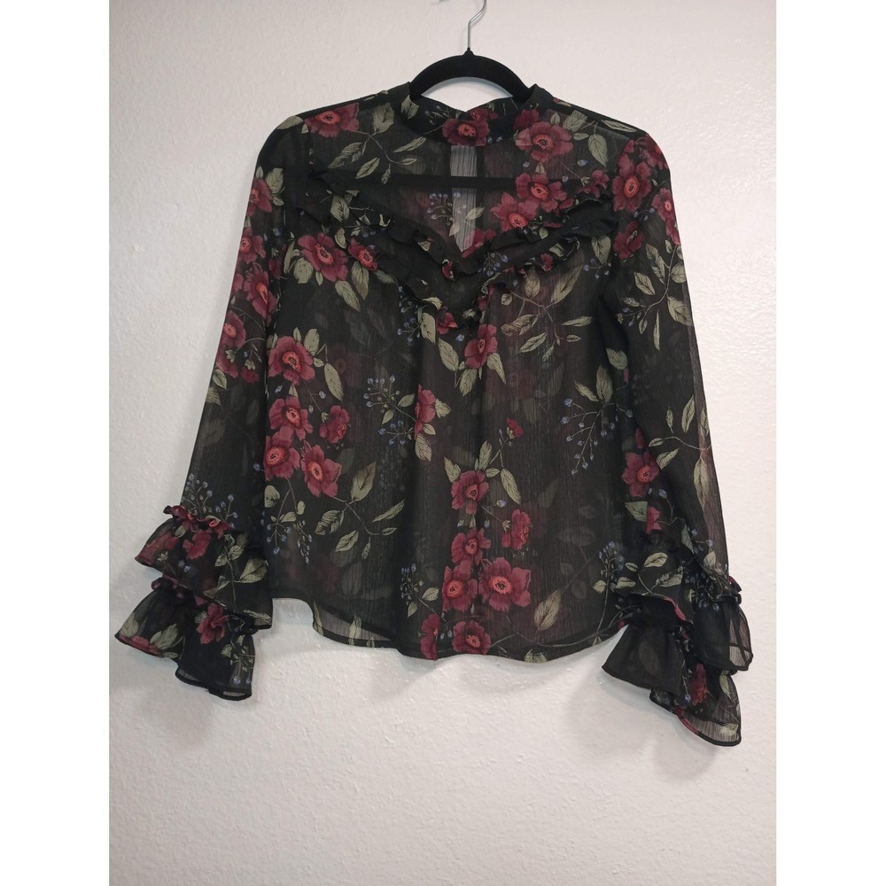 Arizona Jean Co Floral Sheer Ruffle Blouse Mock Neck Long Sleeve Whimsigoth Med.